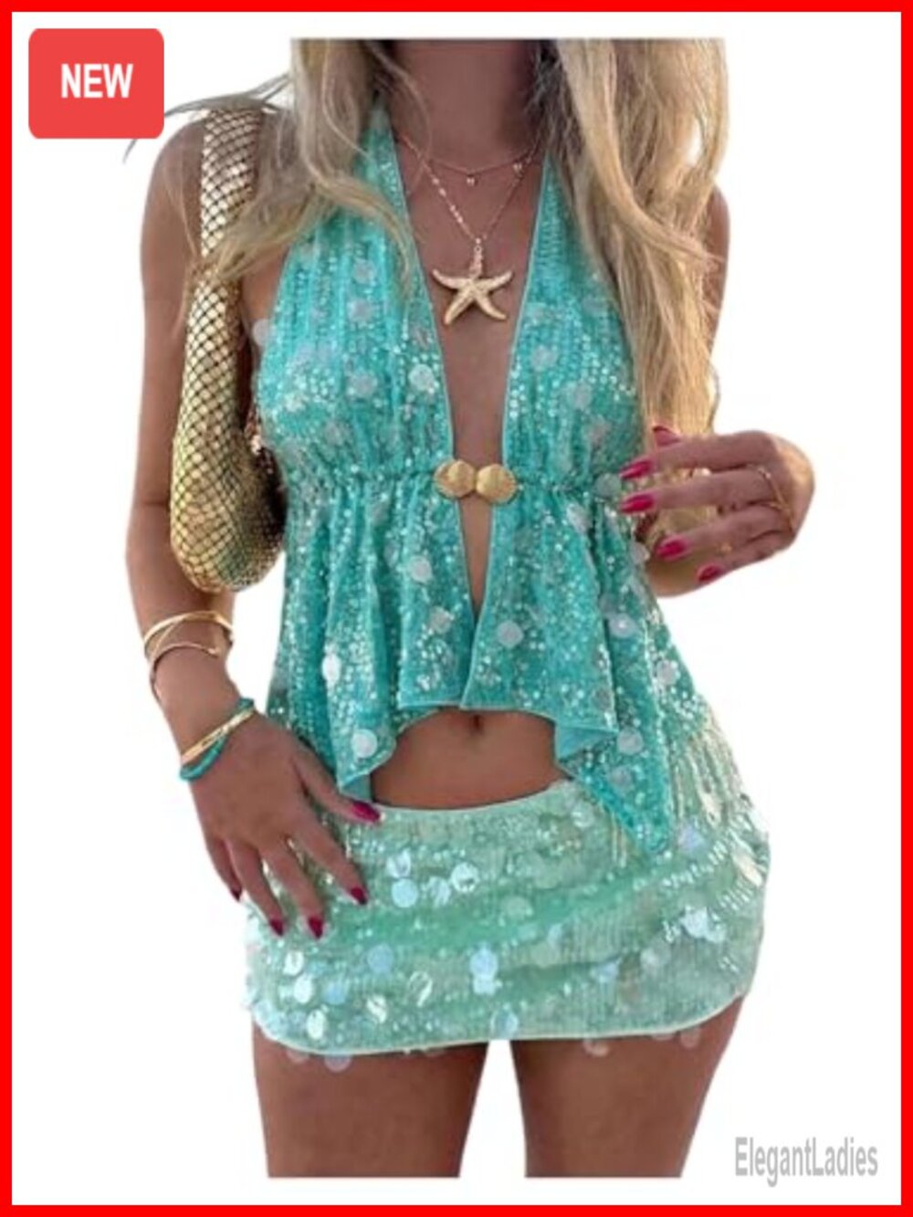 Sequin Halter Crop Top Sparkly Open Back Peplum